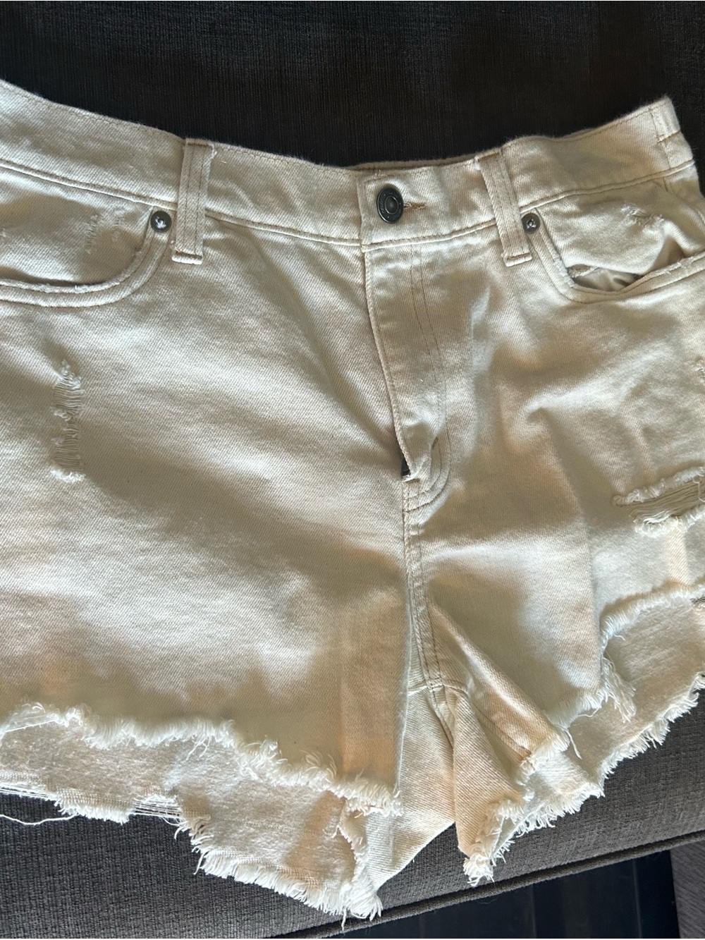 aerie Cream Distressed Denim Shorts
